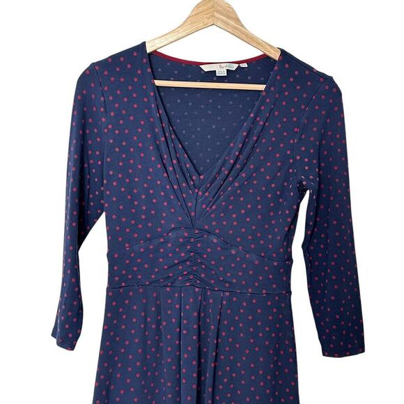Boden Marion Jersey Knit 3/4 Sleeve Polka Dot Print Navy/Red Mini Dress (4L) - Picture 4 of 14